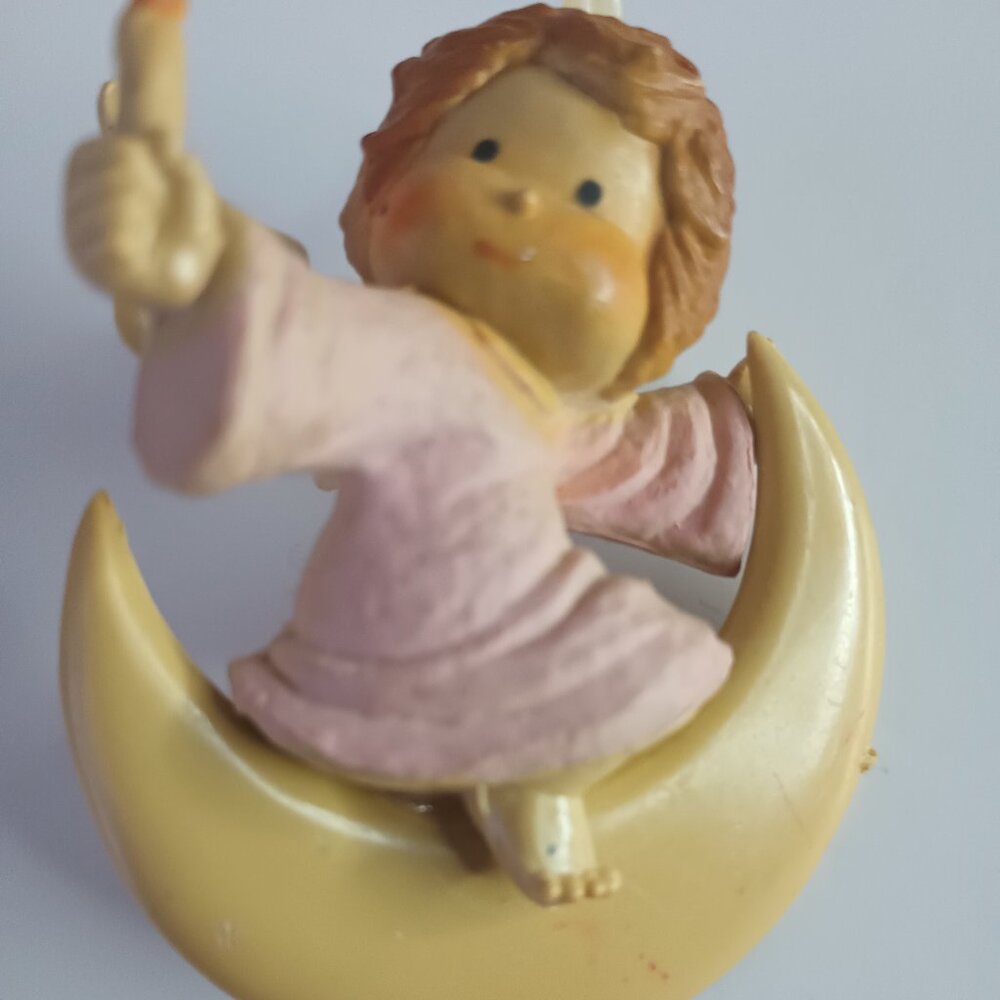 Vintage Cherab with Pink robe Holding a Candle on Cresent Moon Christmas Ornamen